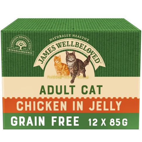 12 x James Wellbeloved Adult Cat Food Grain Free Pouches Chicken in Jelly 85g