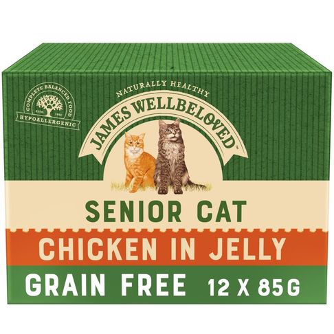 12 x James Wellbeloved Senior Cat Food Grain Free Pouches with Chicken in Jelly 85g
