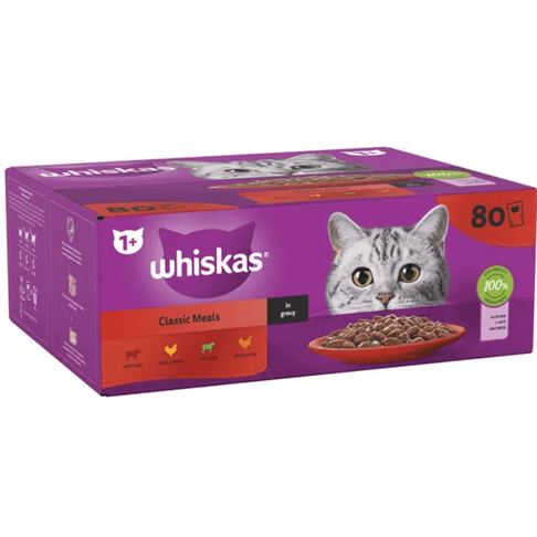 80 x Whiskas 1+ Adult Pouches Meaty Meals In Gravy Wet Cat Food 85g