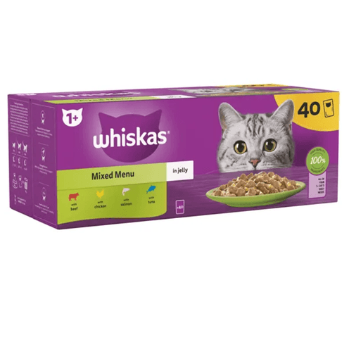 40 x Whiskas 1+ Adult Pouches Mixed Menu In Jelly Wet Cat Food 85g