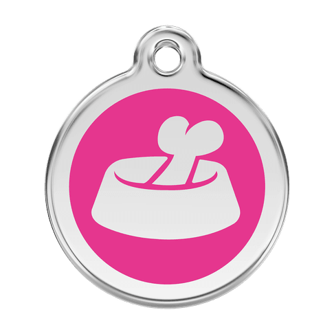 Red Dingo Stainless Steel Engraved Dog Tag Bone in Bowl Hot Pink