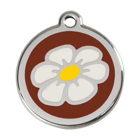 Red Dingo Stainless Steel Engraved Dog Tag Daisy Flower Brown