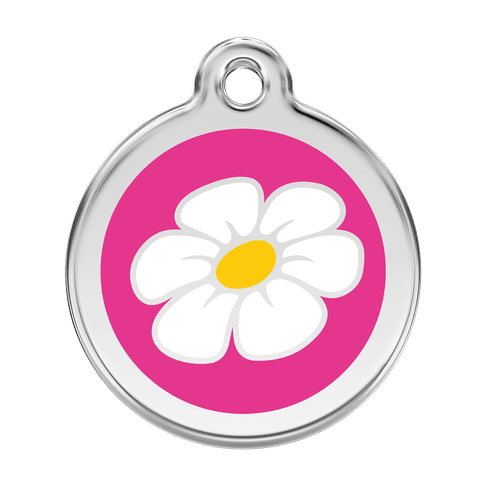 Red Dingo Stainless Steel Engraved Dog Tag Daisy Flower Hot Pink