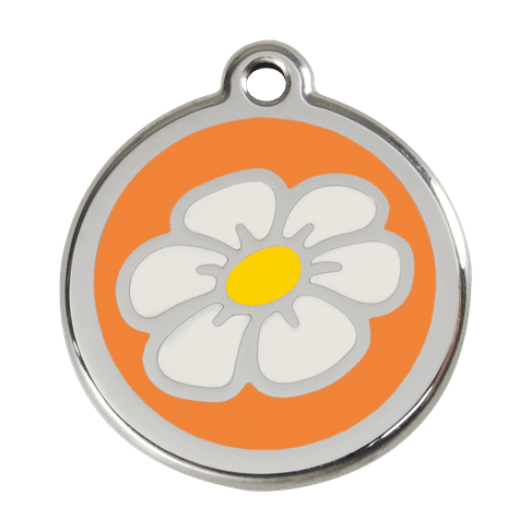 Red Dingo Stainless Steel Engraved Dog Tag Daisy Flower Orange