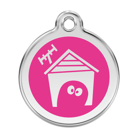 Red Dingo Stainless Steel Engraved Dog Tag Dog House Hot Pink