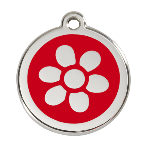 Red Dingo Stainless Steel Engraved Dog Tag Flower Red