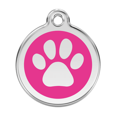 Red Dingo Stainless Steel Engraved Dog Tag Paw Print Hot Pink
