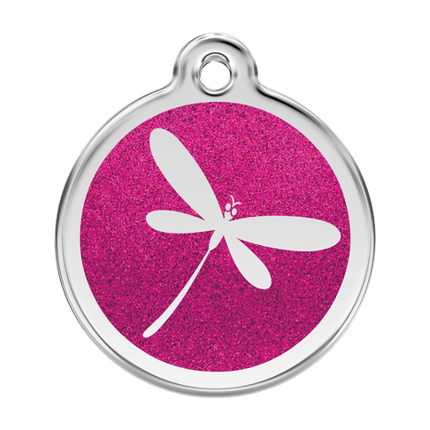 Red Dingo Glitter Engraved Dog Tag Dragonfly Hot Pink
