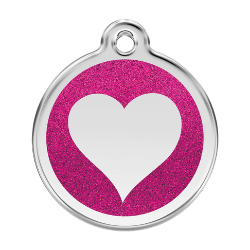 Red Dingo Glitter Engraved Dog Tag Heart Hot Pink