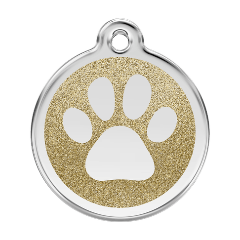 Red Dingo Glitter Engraved Dog Tag Paw Print Gold