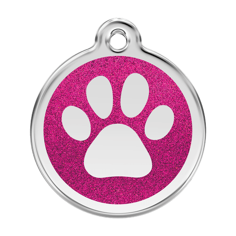 Red Dingo Glitter Engraved Dog Tag Paw Print Hot Pink