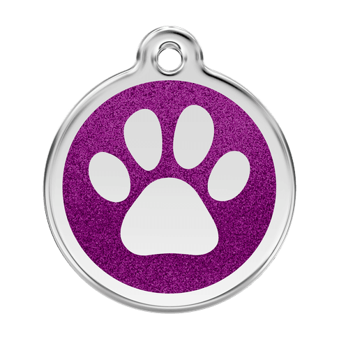 Red Dingo Glitter Engraved Dog Tag Paw Print Purple