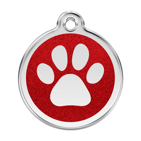 Red Dingo Glitter Engraved Dog Tag Paw Print Red