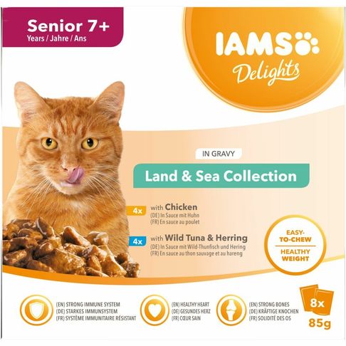 8 x Iams Delights Senior Cat Food Land &amp; Sea Collection in Gravy 85g
