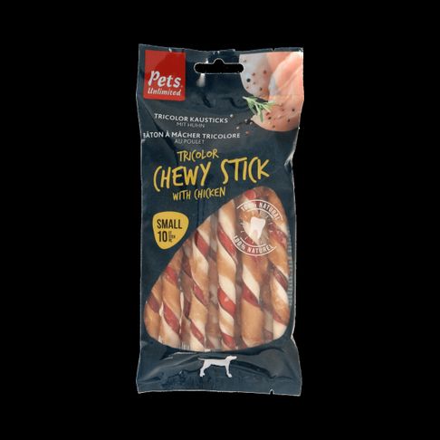 6 x Pets Unlimited Tricolor Chewy Sticks Dog Treats Small - Chicken 10 Pieces